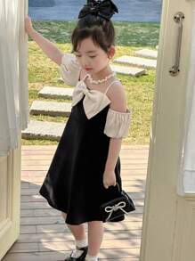 DAZY Young Girl Girls' Bowknot Color Block Open Shoulder Short Sleeve Woven Summer Dress, Small Size - Black - View 2