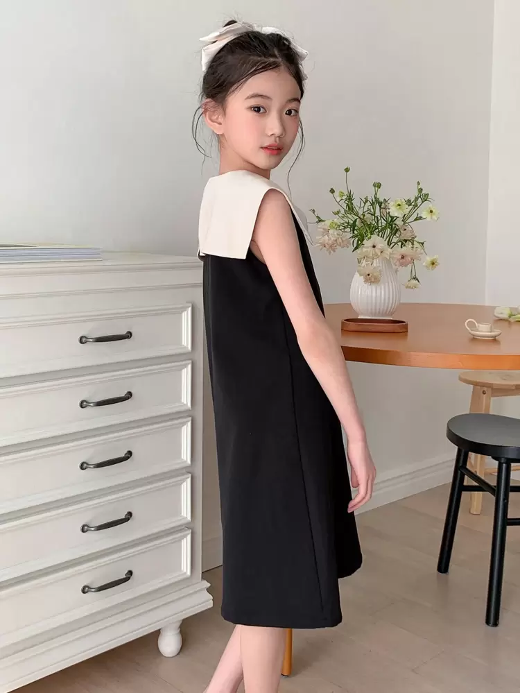 Tween Girls Contrast Collar Single-Breasted Fashion Cute Dress,Girls Summer Outfits,Back To School Clothes