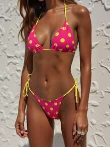 Swim Mod 2026 Spring/Summer Women's Spaghetti Strap Halter White Base Pink Polka Dot Random Print Sweet Cute Side Tie Thong Bikini Two Pieces Swimsuit