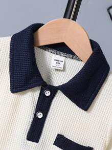 SHEIN 2pcs Young BoyBicolor Patchwork Polo Shirt And Shorts Set, Getaway, Holiday, Travel, Relax, Sunbathing, Summer