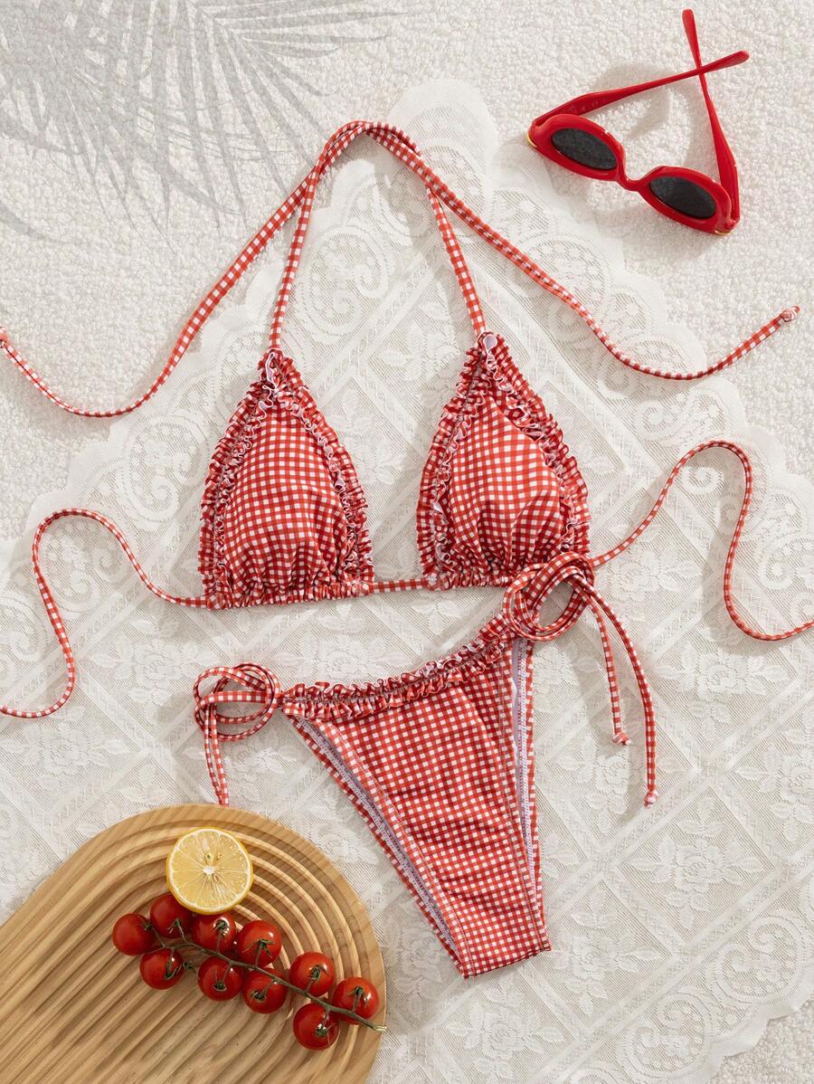 Swim Mod Christmas Countryside Red & White Plaid Cute Summer Beach Vacation Women's Bikini Two-Piece Swimwear