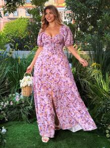 Flirla Plus Size Women Floral Print Tie Front Puff Sleeve Elegant Dress For Vacation,Easter Dress - Purple - View 5