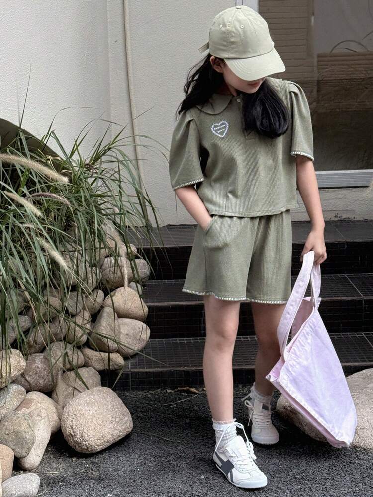 Tween Girl Short Sleeve Polo Shirt & Solid Color Shorts 2 Pieces Set, Casual & Fashionable For Daily Wear,Girls Summer Outfits,Back To School Clothes