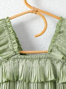 SHEIN 2pcs Girls Vacation Casual Solid Color Pleated Top And Long Pants Set - Green - View 3