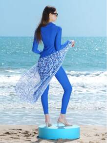 Swim Shayni 3pcs Women Modest Casual Beach Swimsuit Set: Solid Color Long Sleeve Zipper Top, Solid Color Pants, And Random Printed Cover Up Skirt Burkini, Summer Vacation Arabic Clothing - Blue - View 2