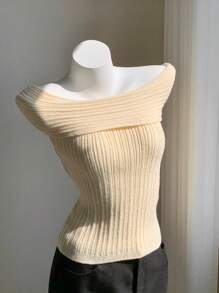 Comfortcana 女士纯色露肩简约针织上衣，休闲日常穿着 - 米色 - 查看 3