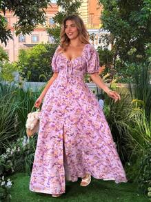 Flirla Plus Size Women Floral Print Tie Front Puff Sleeve Elegant Dress For Vacation,Easter Dress - Purple - View 2