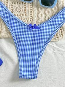 Swim Mod Springbreak Women Plaid Halter Tie Bow 2pcs Spaghetti Strap Bikini Swimwear Set