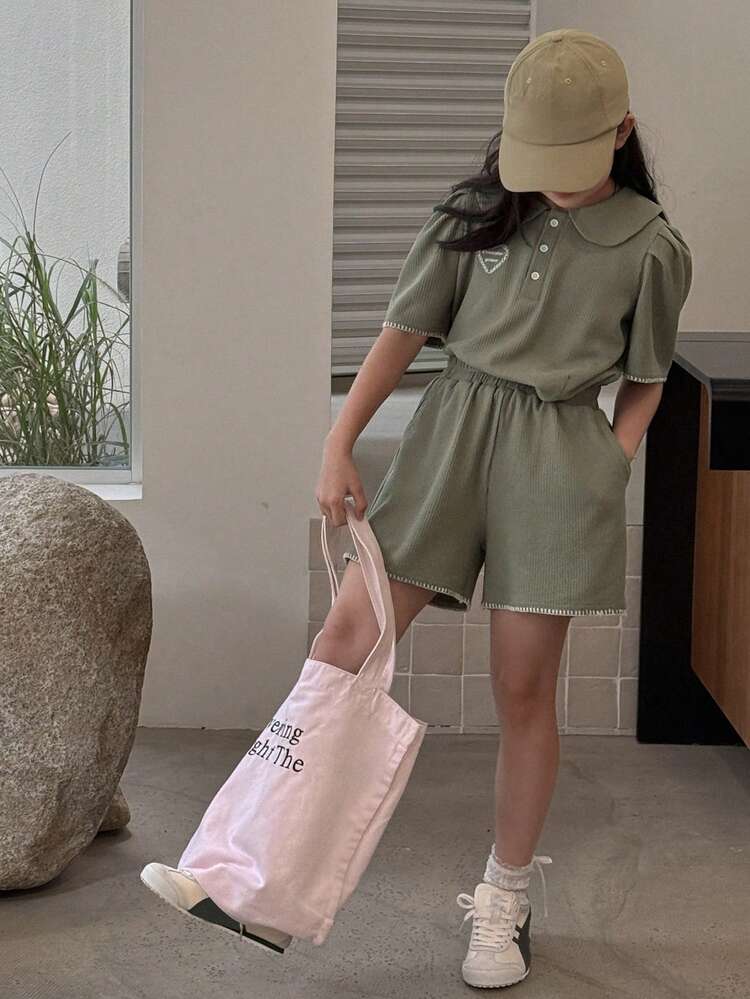 Tween Girl Short Sleeve Polo Shirt & Solid Color Shorts 2 Pieces Set, Casual & Fashionable For Daily Wear,Girls Summer Outfits,Back To School Clothes