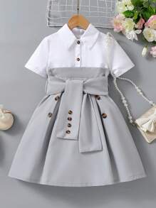 SHEIN Young Girls' Color Block Splice Stylish Design Shirt Splice Belted Dress - Multicolor - View 1