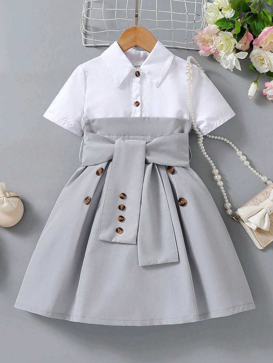 SHEIN Young Girls' Color Block Splice Stylish Design Shirt Splice Belted Dress - Multicolor - View 1