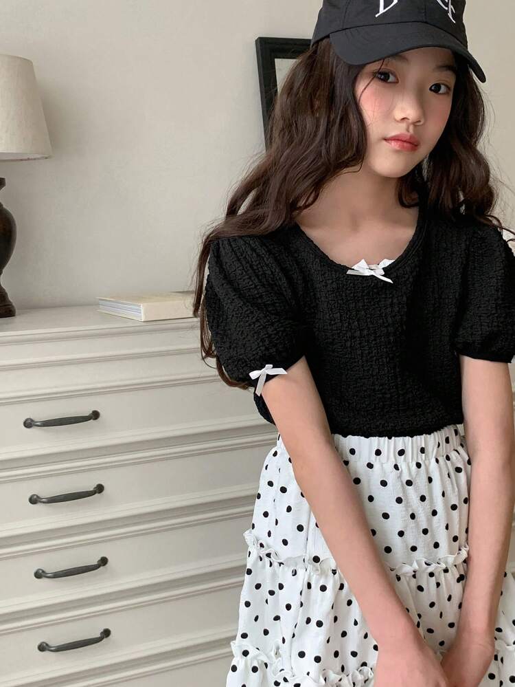 Tween Girls' Casual Simple Bow Decor Top And Polka Dot Print Skirt 2pcs Outfit Set,Girls Summer Outfits,Back To School Clothes