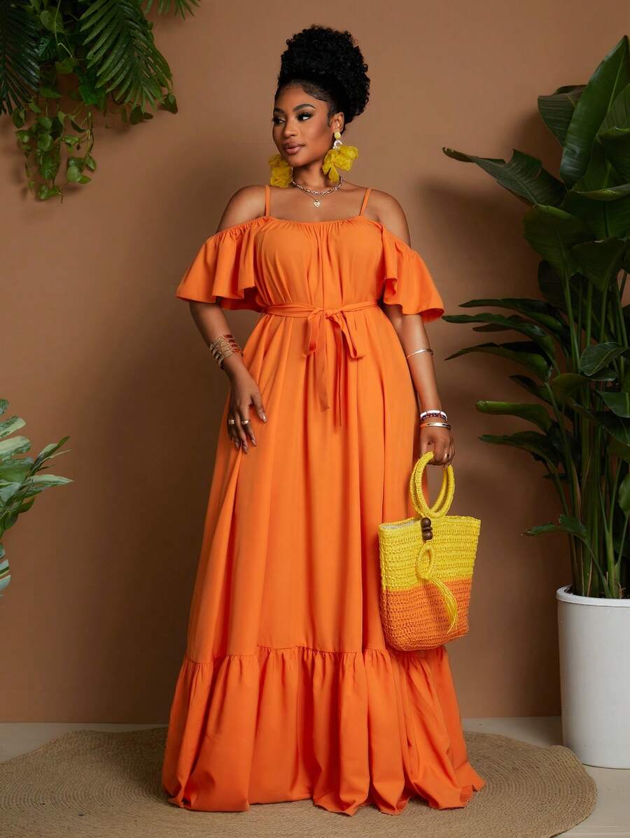 Maweii Plus Size Women Off Shoulder Elegant Solid Color Vacation Dress,Sun Dress - Orange - View 1