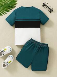 SHEIN 2pcs Young Boy Printed Color Block Sports & Leisure Comfortable Outfit, Summer (Getaway, Holiday, Travel, Relax, Sunbathing) - Green - View 2