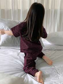 Dazy Kids Áo sơ mi kẻ caro tay ngắn và quần dài cho bé gái Trang chủ/Trang phục thường ngày, Xuân/Hè - Màu đỏ tím - Xem 3