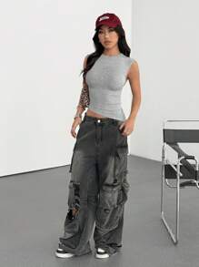 Muchica Women's Casual Sleeveless Knitted Top: Light Grey Ruched Round Neck Regular Length Tank Top For Everyday Wear - Light Grey - View 6