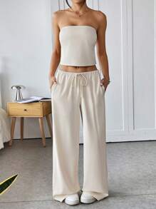 Muchica Apricot Color Woven Women's Tube Top And Pants 2 Pieces Casual Suit - Apricot - View 3