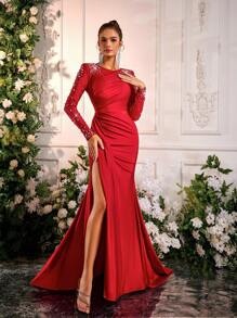 Glamrae Elegant Brown Round Neck Long Sleeve Ruched Chest Side High Slit Mermaid Hem Dress, Versatile For Formal Occasions, Evening Gown, Wedding Guest Dress, Party Dress - Red - View 2