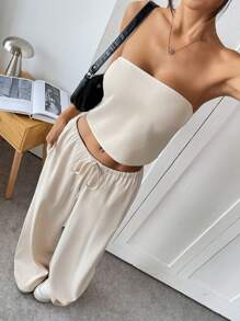 Muchica Apricot Color Woven Women's Tube Top And Pants 2 Pieces Casual Suit - Apricot - View 4
