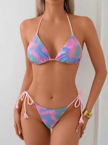 Tie-Dye Printed Handmade Rope Lace Up Bikini Set Summer - Multicolor - View 3