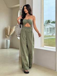 SHEIN EZwear 夏季波西米亚风露背高腰阔腿连体裤 - 綠色 - 查看 6
