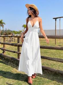 SHEIN EZwear 白色波西米亚风 V 领露背毕业礼服，夏季 - 白色 - 查看 5