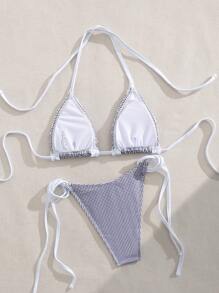 Swim Vcay 2pcs/Set New Spring Break Colorful Ruffle Edge Halter Tied Back Casual Holiday Beach Sexy Bikini Swimwear For Women For Summer Beach Vacation - Multicolor - View 5