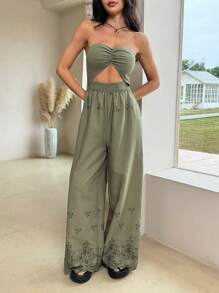 SHEIN EZwear 夏季波西米亚风露背高腰阔腿连体裤 - 綠色 - 查看 4