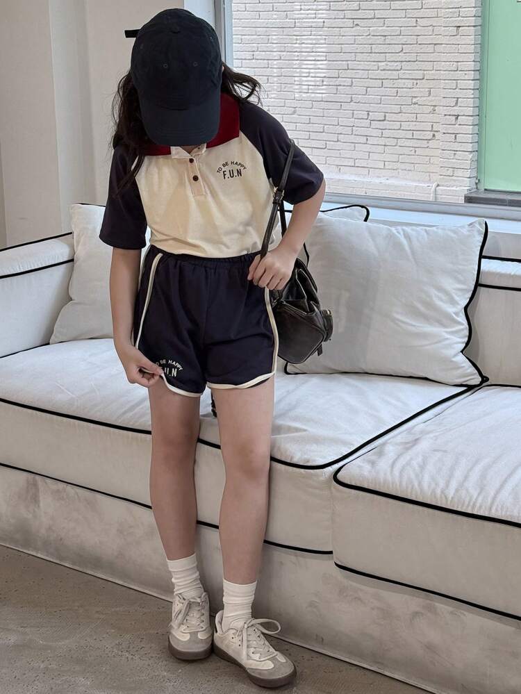 Tween Girl 2pcs Set: Minimalist Polo Shirt & Shorts, Fashionable Casual Everyday Outfit,Girls Summer Outfits,Back To School Clothes