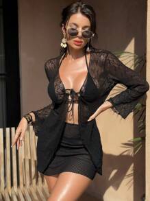 Swim SXY Kimono femme couvrant sexy en tissu de dentelle noire et de filet, avec liens croisés aux manches. Parfait pour l'été et les vacances à la plage - Noir - Voir 1