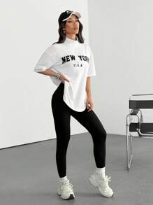 SHEIN EZwear Women's New Letter Embroidery Stand Collar T-Shirt And Leggings 2 Pieces Set - Multicolor - View 3