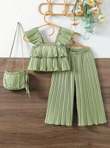 SHEIN 2pcs Girls Vacation Casual Solid Color Pleated Top And Long Pants Set - Green - View 1
