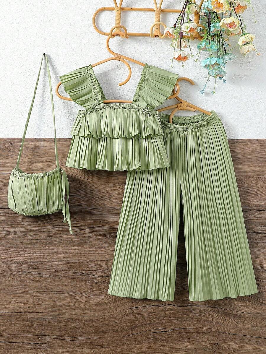 SHEIN 2pcs Girls Vacation Casual Solid Color Pleated Top And Long Pants Set - Green - View 1