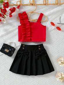 SHEIN 2 件套年轻女孩优雅露肩荷叶边上衣和百褶裙，夏季