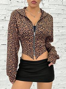 SHEIN EZwear 女士豹纹拉链运动衫，休闲时尚日常穿着 - 棕色 - 查看 4