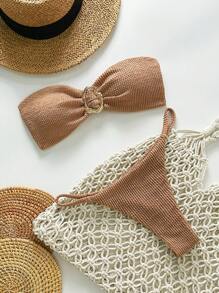 Swim Chiccia Springbreak 女士沙滩装夏季套装，女士纯色提花面料抹胸金属装饰性感比基尼泳装套装 - 咖啡棕 - 查看 3