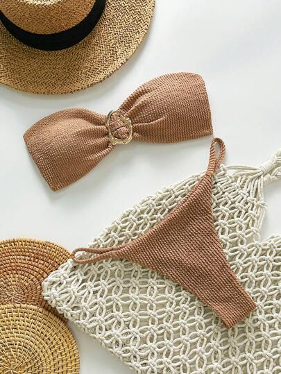 Swim Chiccia Conjunto de ropa de playa para mujer de primavera, ropa de baño con bandeau de tela jacquard de unicolor, decoración metálica, traje de baño sexy para mujer