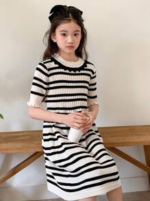 DAZY Tween Girl Contrast Stripe Short Sleeve Knitted Dress,Girls Summer Outfits,Back To School Clothes - Black and White - View 4