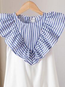 Vestido con diseño de cuello con empalmado de estampados mixtos y ribete de volantes para niñas jóvenes - Multicolor - Ver 3