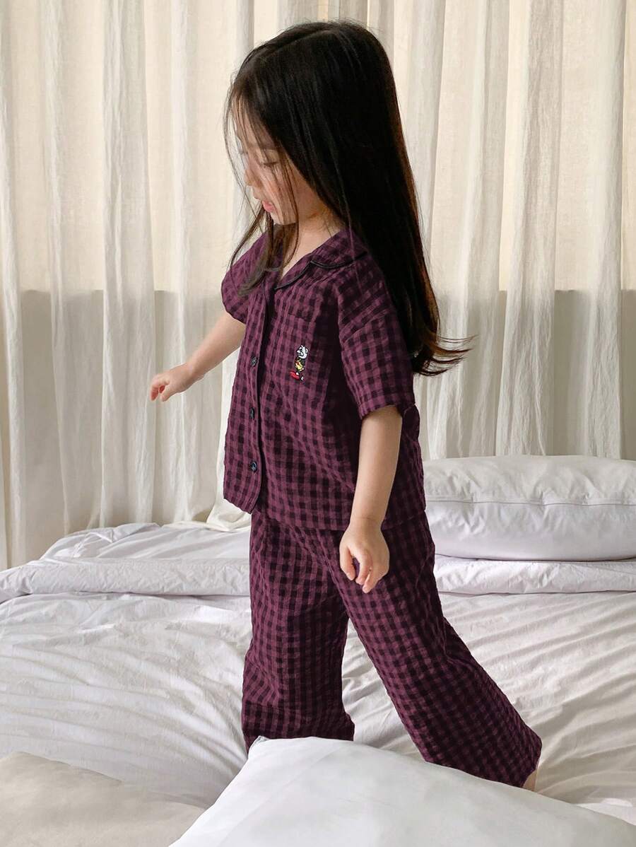 Dazy Kids Áo sơ mi kẻ caro tay ngắn và quần dài cho bé gái Trang chủ/Trang phục thường ngày, Xuân/Hè - Màu đỏ tím - Xem 1