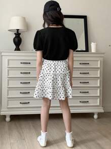 DAZY Conjunto de 2 piezas para niñas preadolescentes con blusa casual con lazo decorativo y falda con estampado de lunares, conjunto de ropa de verano, ropa para volver al colegio - Negro - Ver 4