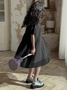 DAZY Tween Girl Collared Short Sleeve Mesh Overlay Dress, Summer,Back To School Clothes