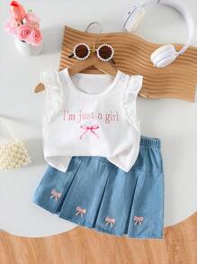 SHEIN 女孩可爱字母与蝴蝶结印花盖袖 T 恤和弹性腰部 A 字形牛仔百褶裙 2 件套服装