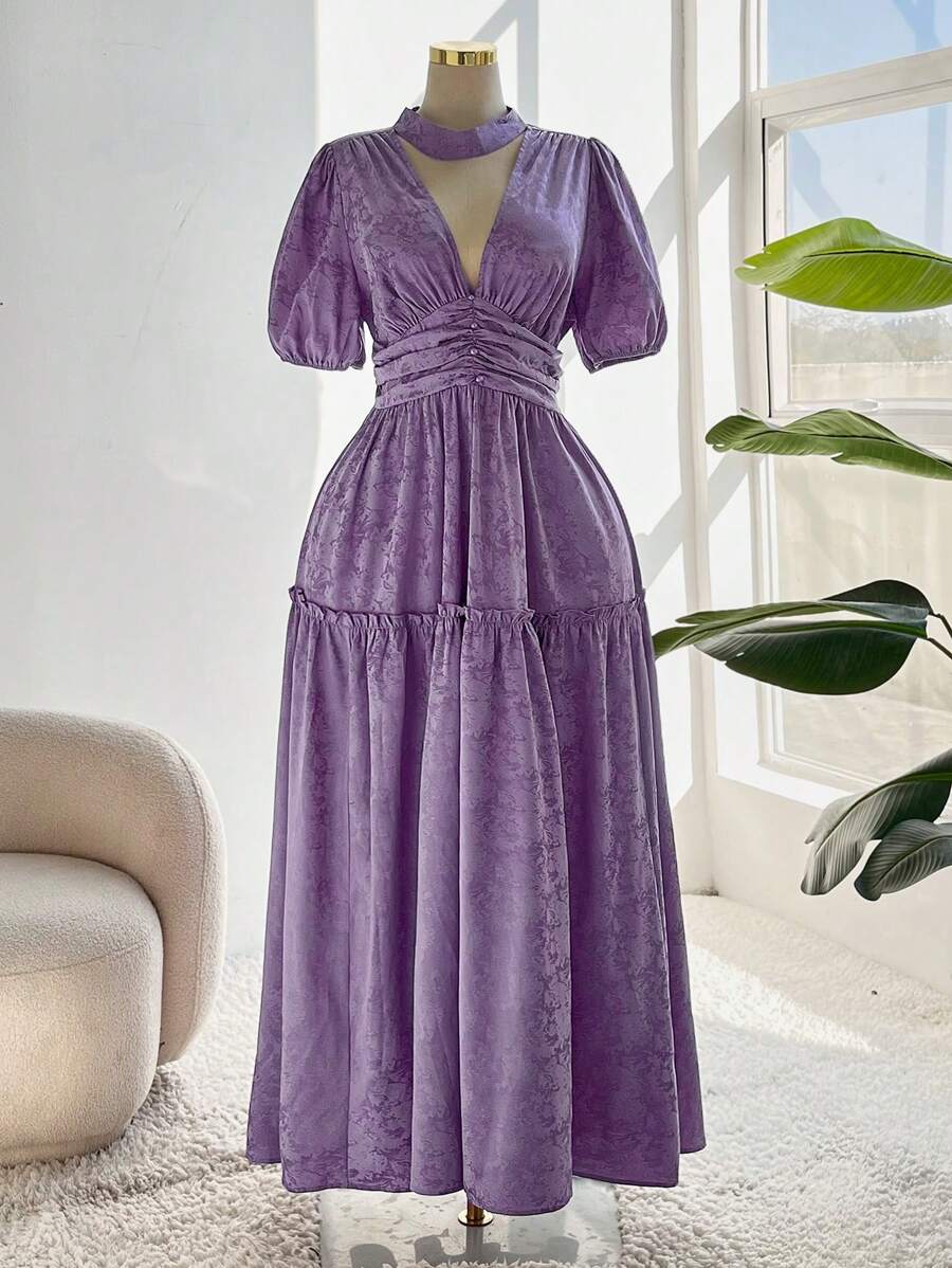 Flirla 大码优雅纯色提花镂空连衣裙 - 紫色 - 查看 1