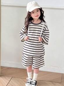 Dazy Kids Set 2 bucăți pentru fete tinere, cu gât rotund, cu mâneci scurte și pantaloni scurți, vară