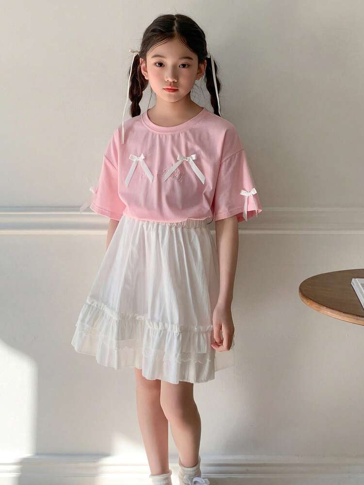Tween Girls Bow Decor Letter Embroidered Short Sleeve Top And Skirt 2pcs Set,Girls Summer Outfits,Back To School Clothes