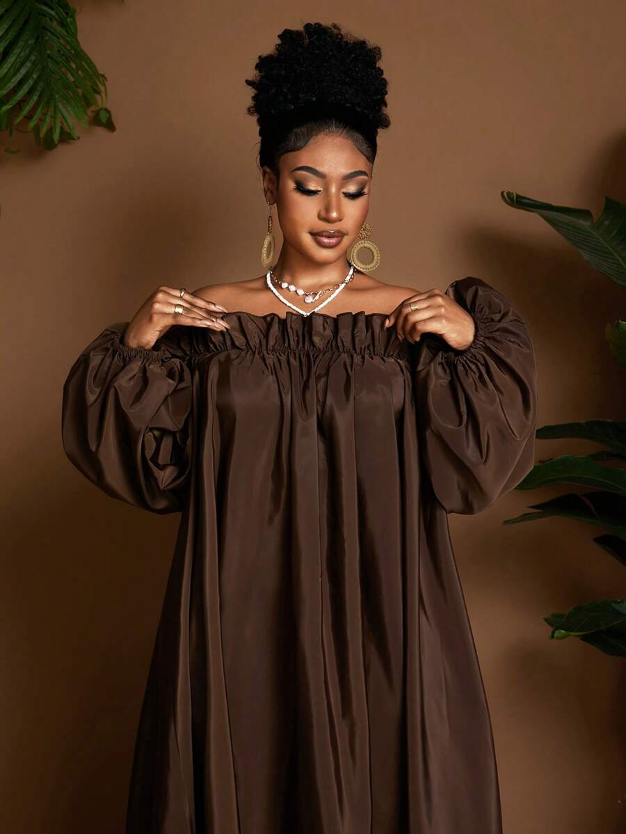 Maweii 大码露肩长袖纯色休闲连衣裙，简约时尚，适合日常穿着 - 咖啡棕 - 查看 1