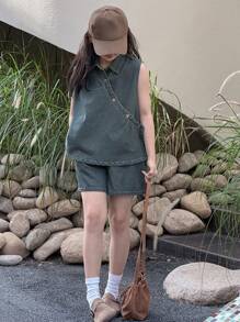 Dazy Kids Tween Girls' Sleeveless Denim Vest & Shorts Set, Casual & Stylish Daily Outfit - Blue - View 5