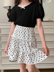 DAZY Conjunto de 2 piezas para niñas preadolescentes con blusa casual con lazo decorativo y falda con estampado de lunares, conjunto de ropa de verano, ropa para volver al colegio - Negro - Ver 6