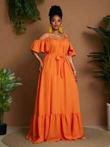 Maweii Plus Size Women Off Shoulder Elegant Solid Color Vacation Dress,Sun Dress - Orange - View 5